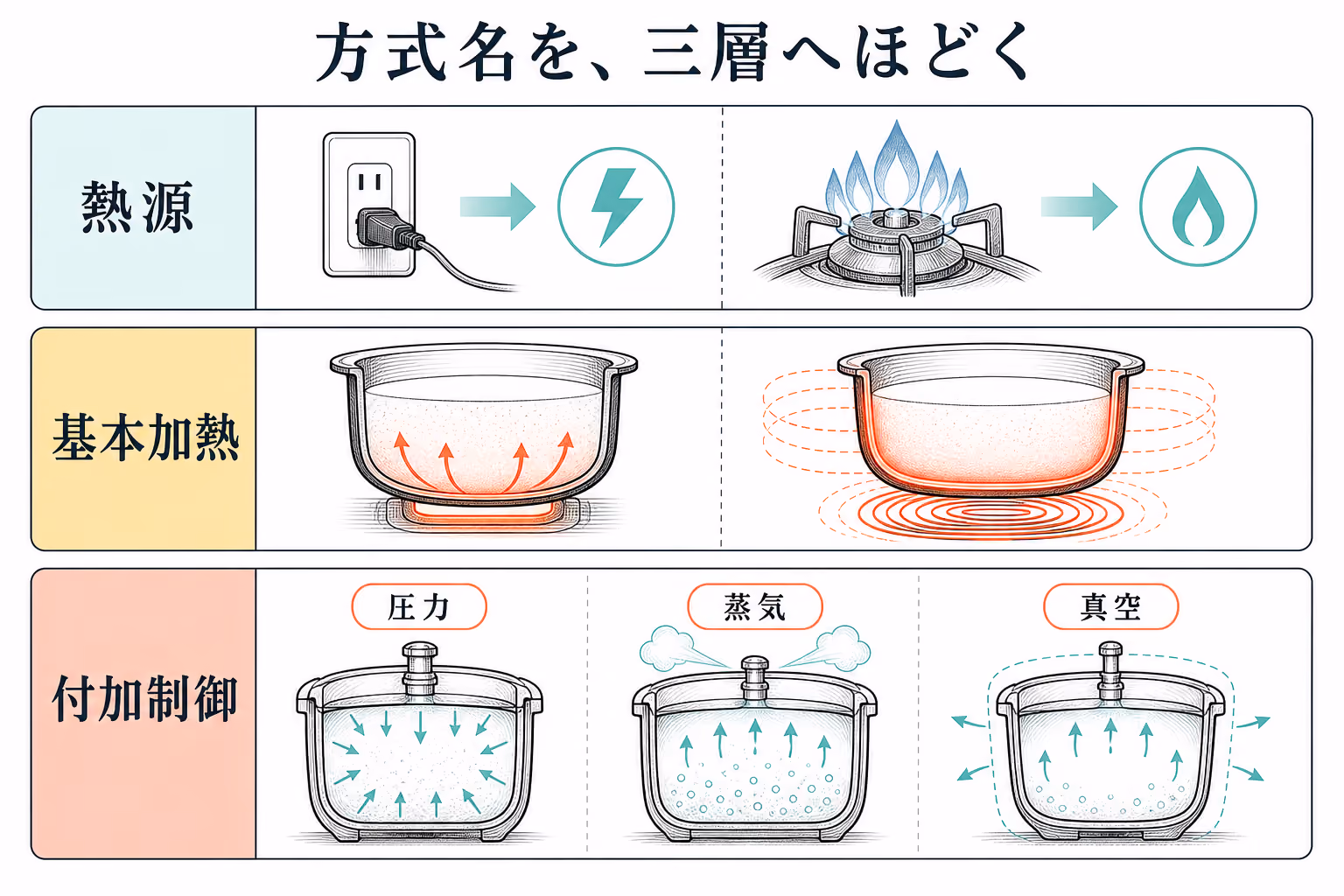 炊飯方式を熱源・基本加熱・付加制御の三層へ分けた図。電気とガス、ヒーターとIH、圧力・蒸気・真空を別々に示す
